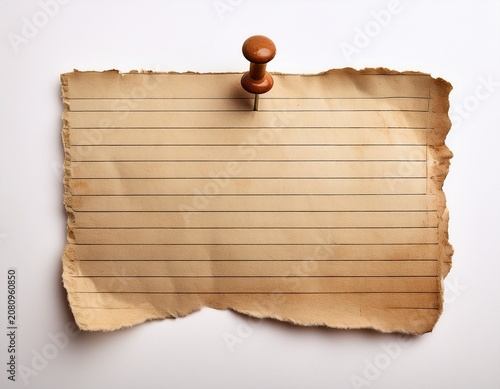 torn vintage lined paper pinned on white background