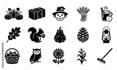Photos Autumn harvest icon set with 15 black vector elements, fall season symbols inclu