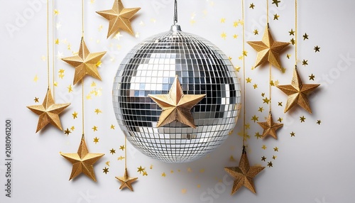 reflective silver disco ball hanging with gold stars on white background