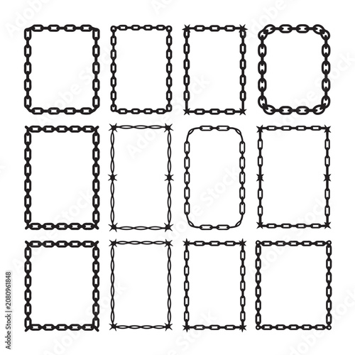 Set of chain frames, decorative border elements, different styles of metal chains forming square and rectangular shapes.