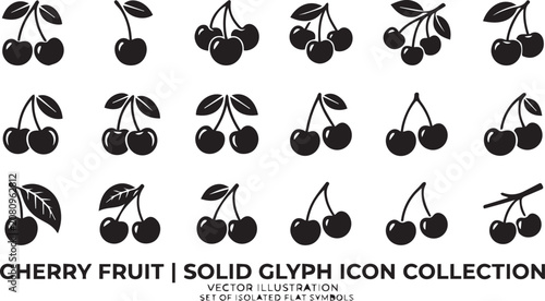 Cherry fruit solid glyph icons collection