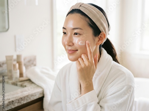 Young asian woman applying face cream on her cheek in a bright modern bathroom while wearing a white bathrobe and a soft headband