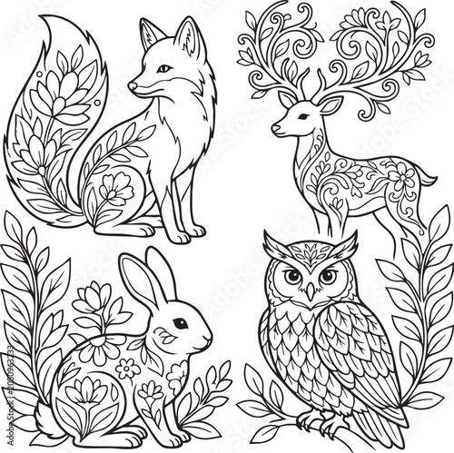 Coloring book Whimsical Forest Animals, Coloring Book Illustrations, Wildlife Doodles, Vector Set of 4