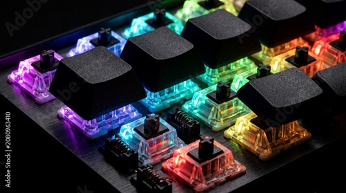 Vibrant RGB mechanical keyboard with keycaps removed, showcasing illuminated switches and colorful backlight in a detailed close-up for gaming, computing, and technology concepts