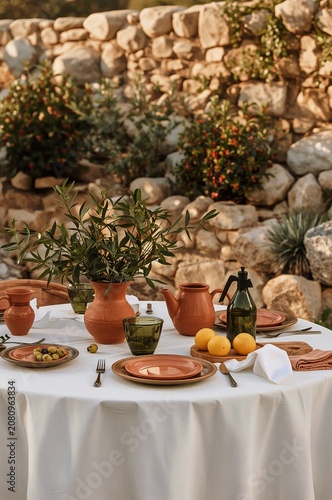 Table Set With Dishes, Plants, and Drinks Outdoors in a Garden Setting During...