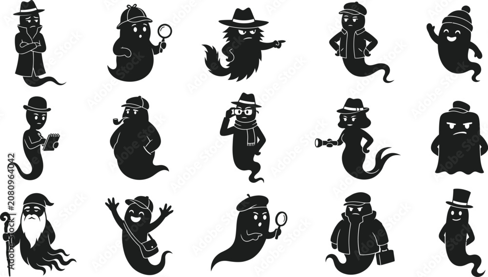 Obraz premium Halloween ghost characters in various hats and poses for spooky decor