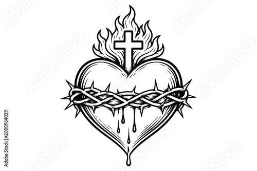 фотографія Sacred heart with crown of thorns and cross in flames