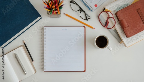 Workspace Includes Notebook, Writing Tools, and Coffee Cup on White Table