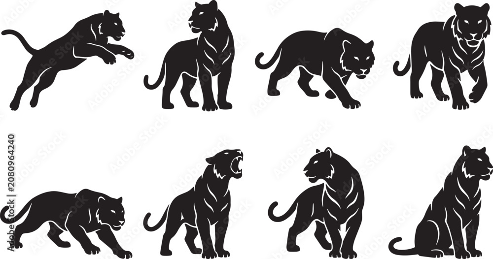 Obraz premium Black tiger icons, animal silhouettes, wildlife graphics, vector illustrations isolated on Transparent Background