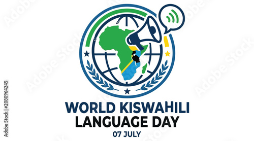 Foto World Kiswahili Language Day emblem vector illustration with globe and megaphone