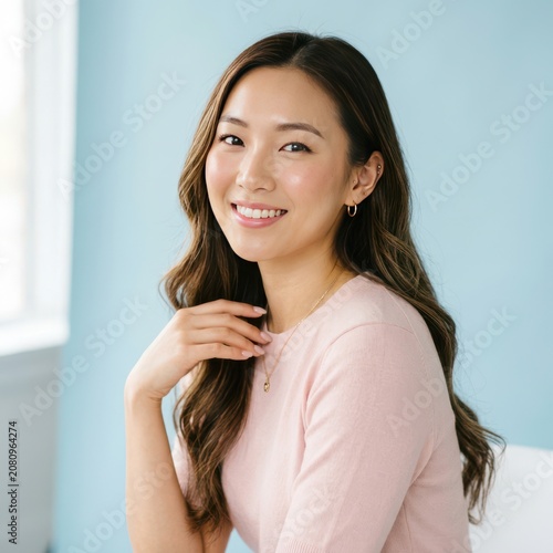 A beautiful young asian woman with long dark wavy hair smiling and looking at the camera in a bright and cozy indoor home setting