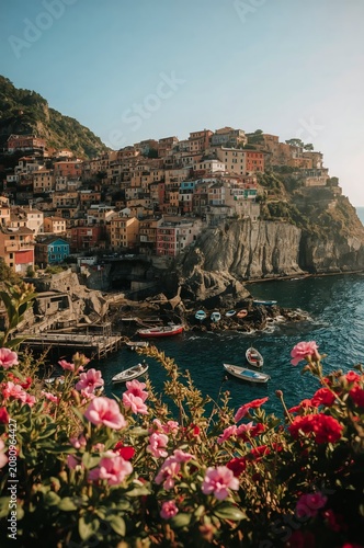 Colorful Buildings on Cliffs by the Sea With Boats and Flowers in the Foregro...