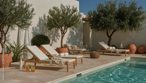 Lounge Chairs Beside a Pool Surrounded by Greenery and Clay Pots in a Sunny O...