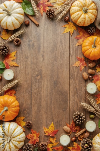 Autumn Decor With Pumpkins and Leaves Arranged on a Wooden Table for Seasonal...