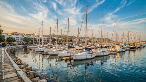 Boats in a Harbor at Sunset With a Clear Sky and Calm Water in a Coastal Town
