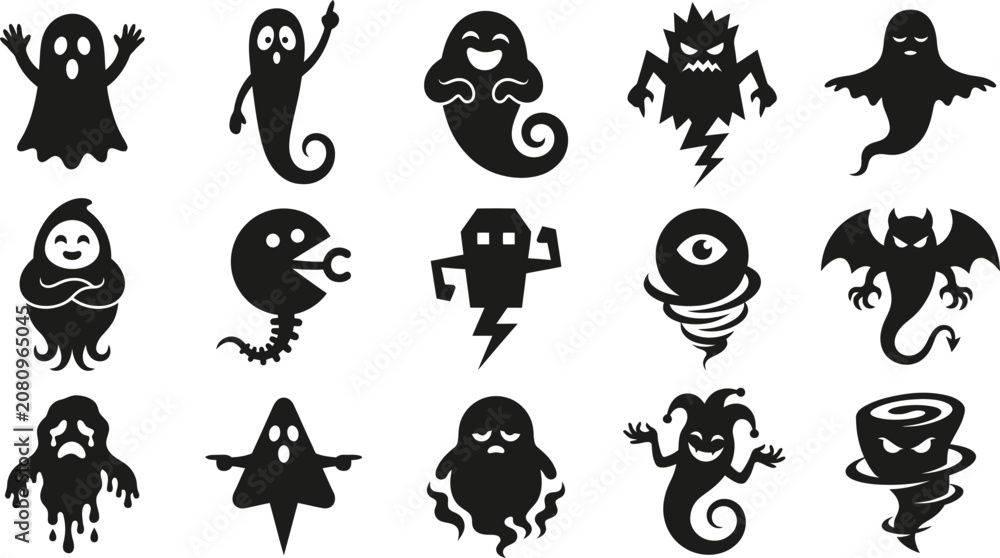 Fototapeta premium Halloween ghost silhouette icons set for spooky decorations and designs