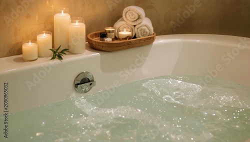 Relaxing Bath With Candles and Towels in a Modern Bathroom at Evening Time