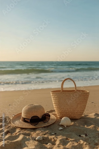 Sun Hat and Beach Bag Resting on Sand Near Water at the Shore During Sunset