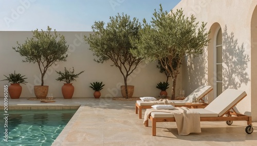 Sun Loungers by the Pool in a Sunny Courtyard With Olive Trees and Potted Plants