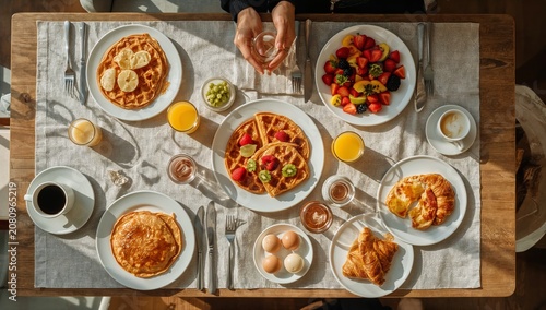 Enjoying Breakfast With Waffles, Pancakes, Fruit, and Drinks on a Wooden Tabl...