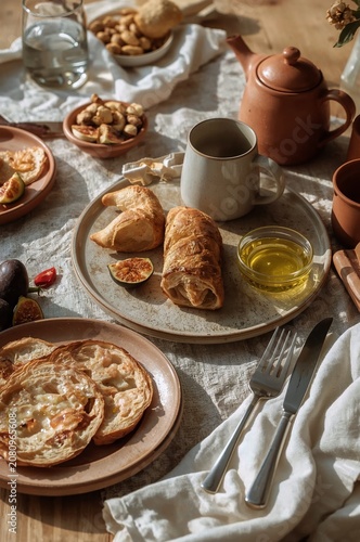 Morning Meal Setup With Pastries, Tea, and Fruits on the Table