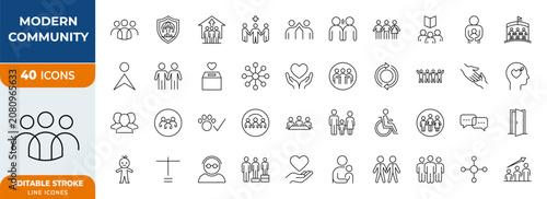 Modern Community and Social Connection Line Icon Set – People, Unity, and Relationship Vector Symbols