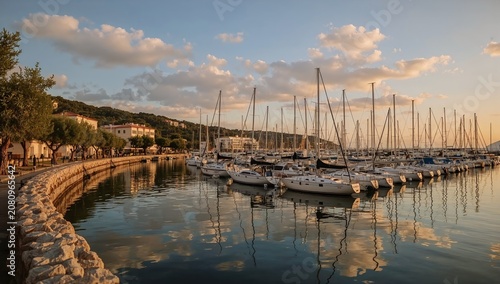 Sailboats Docked at Marina During Sunset Near Waterfront With Reflection on W...