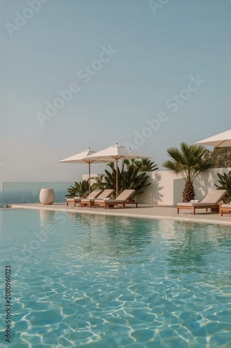 Modern Pool Scene With Lounge Chairs and Umbrellas by the Ocean During Sunny ...