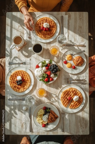 Friends Enjoy Breakfast With Waffles and Fruit in a Cozy Kitchen During Morni...