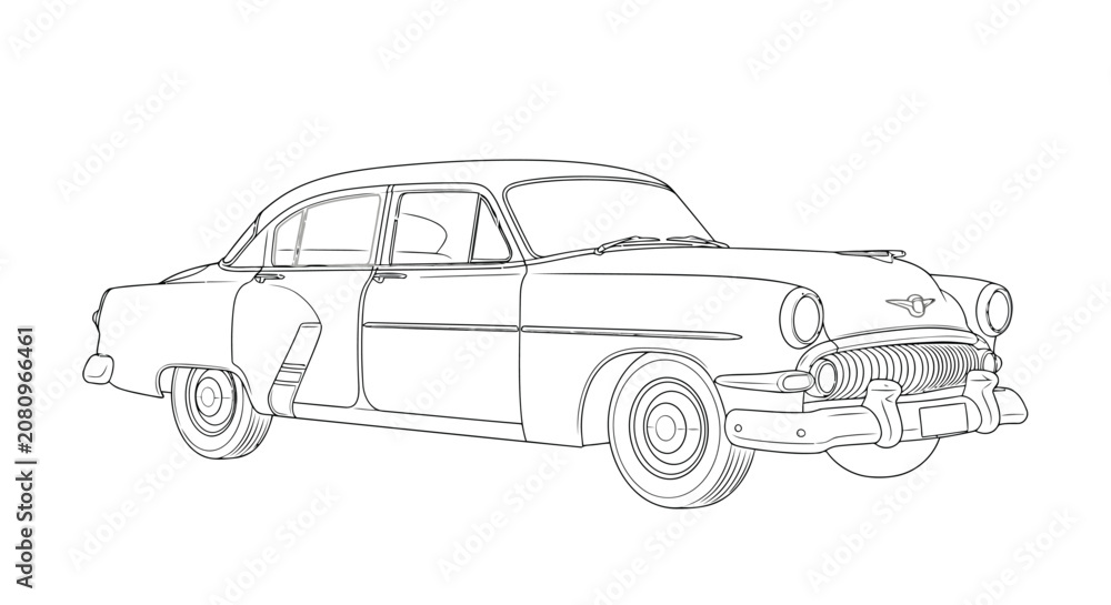 Fototapeta premium Outline drawing of a vintage 1950s sedan car on a white background retro classic