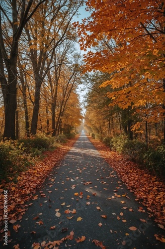 Colorful Autumn Leaves on a Tree-Lined Road During Midday in a Forest Setting