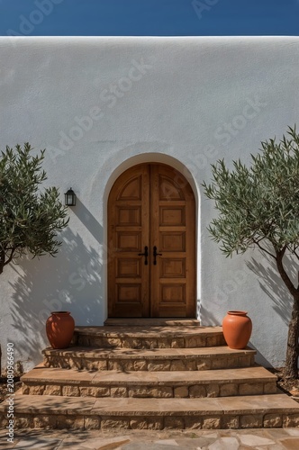 Entrance to a Home With Wooden Door and Olive Trees Beside Steps in Sunny Wea...