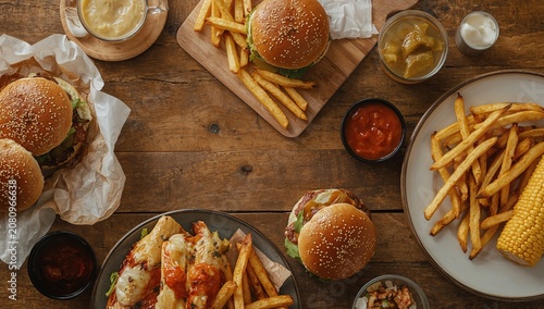 Delicious Burgers and Fries Served on Wooden Table at Lunchtime