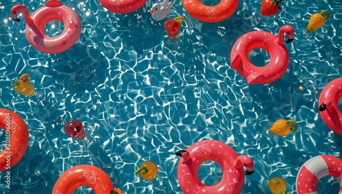 Bright Pool Scene With Pink Floaties and Colorful Decorations in Clear Water