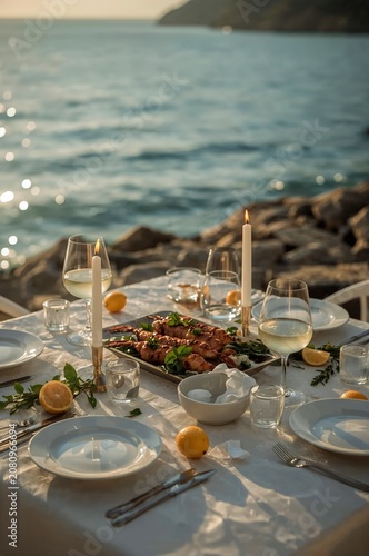 Dinner by the Sea With Seafood Platter and Wine at Sunset