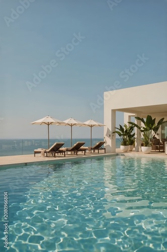 Relaxation by the Pool With Lounge Chairs and Umbrellas Near the Ocean During...