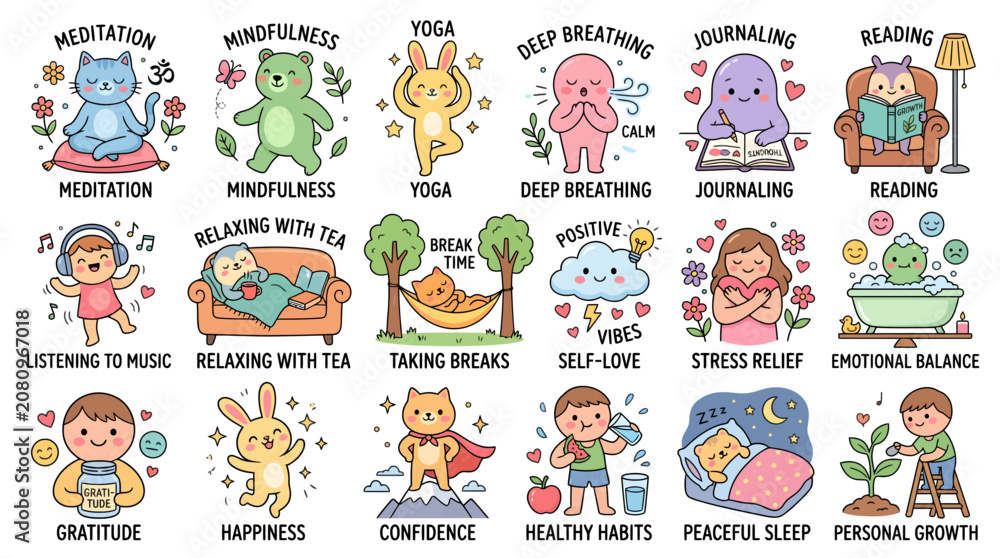 Obraz premium Cute Characters Practicing Self-Care and Wellness Activities Featuring Meditation, Mindfulness, Yoga with Deep Breathing