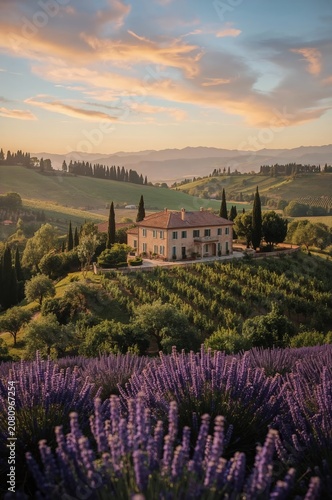Sunset Over a Countryside House Surrounded by Lavender Fields and Rolling Hil...