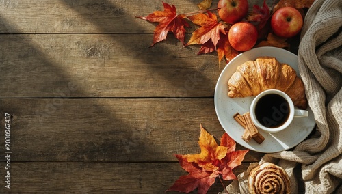Warm Coffee and Croissant With Autumn Leaves and Apples on a Wooden Table in ...