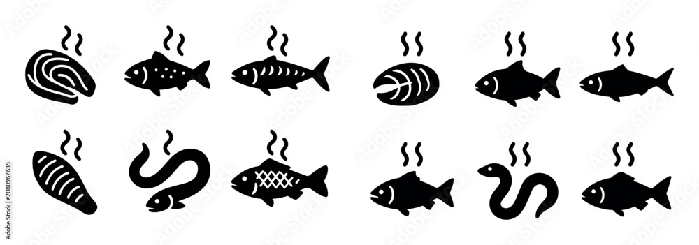 Fototapeta premium Seafood icons with fish eel steak minimal