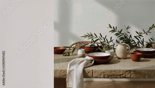 Setting a Dining Table With Clay Bowls, a Pitcher, and Greenery in a Bright S...