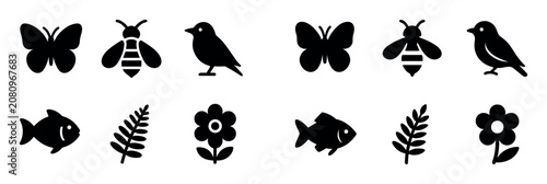 Nature icons with butterfly bee bird minimal