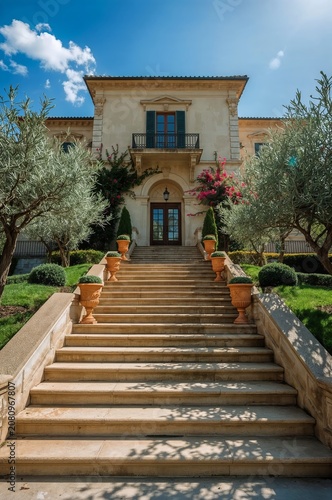 Stairs Lead to a Grand House With Greenery in the Front Under a Blue Sky