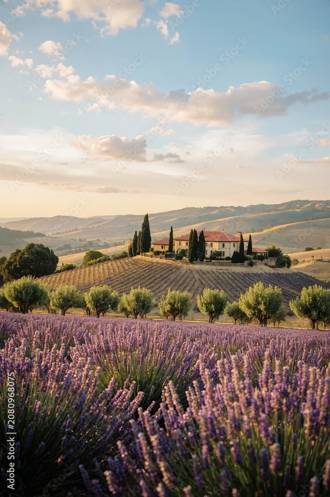 Fototapeta premium Lavender Fields Surround a House on a Hillside During Sunset in a Rural Landscape