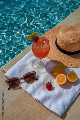 Summer Drink, Hat, and Fruit by a Poolside on a Sunny Day