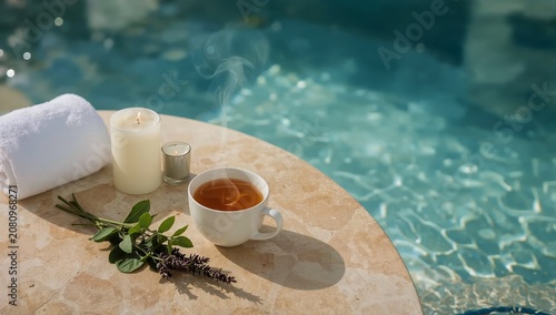 Relaxing Moments With Tea, Candle, and Herbs by the Poolside in Bright Sunlight