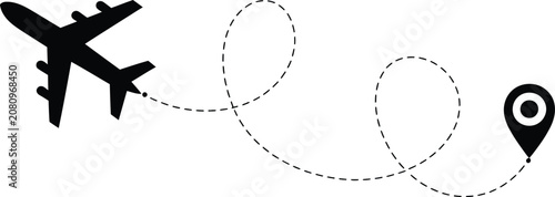 Quadro su tela Airplane flight, path icons, dotted travel routes, aircraft silhouettes, departure and arrival points, aviation navigation, route line symbols