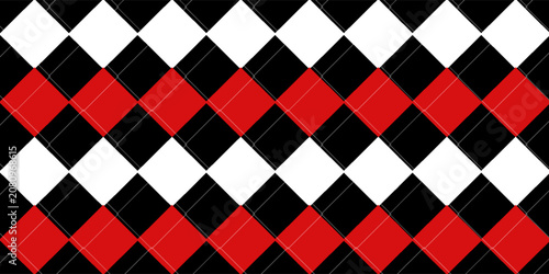 Harlequin red and black seamless pattern. Argyle diamond fabric texture. Classic lozenge simple background with gold line. Joker venetian rhombus carnival ornament bg. Vector design illustration.