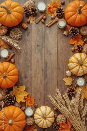Fall Decoration With Pumpkins, Candles, and Autumn Leaves on Wooden Surface