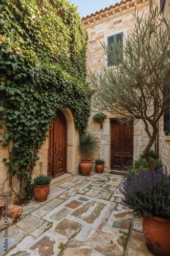 Picturesque Stone Courtyard With Plants in a Historic Village During Daytime